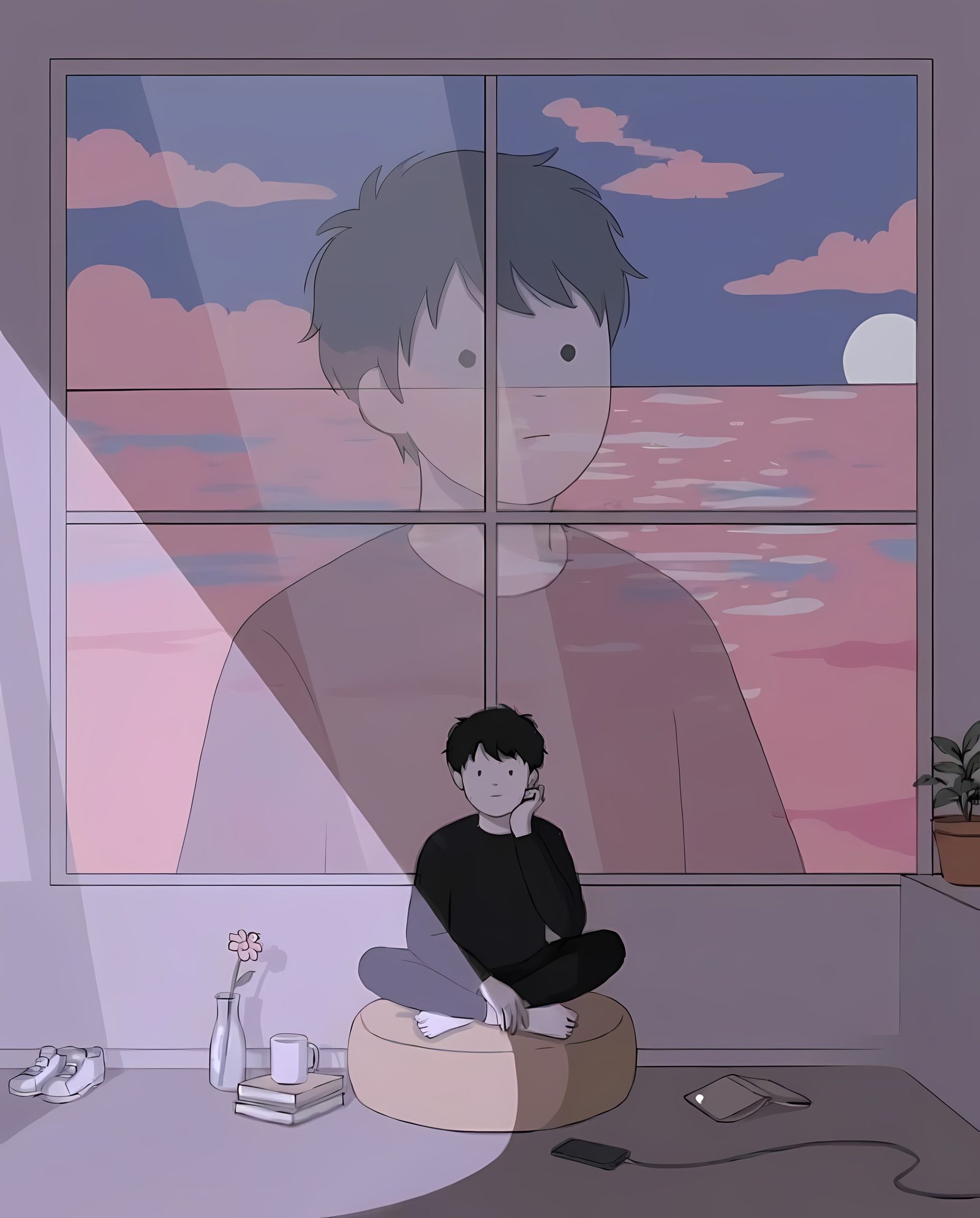 밤 바다가 보이는 창가에 앉아 있는 주인공