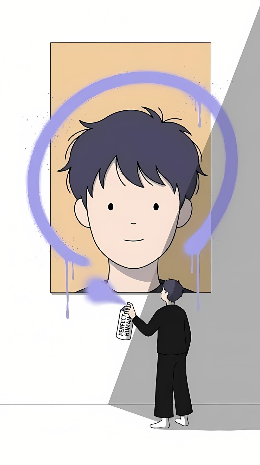 벽에 IM A PERFECT HUMAN 얼굴을 스프레이로 그리는 주인공